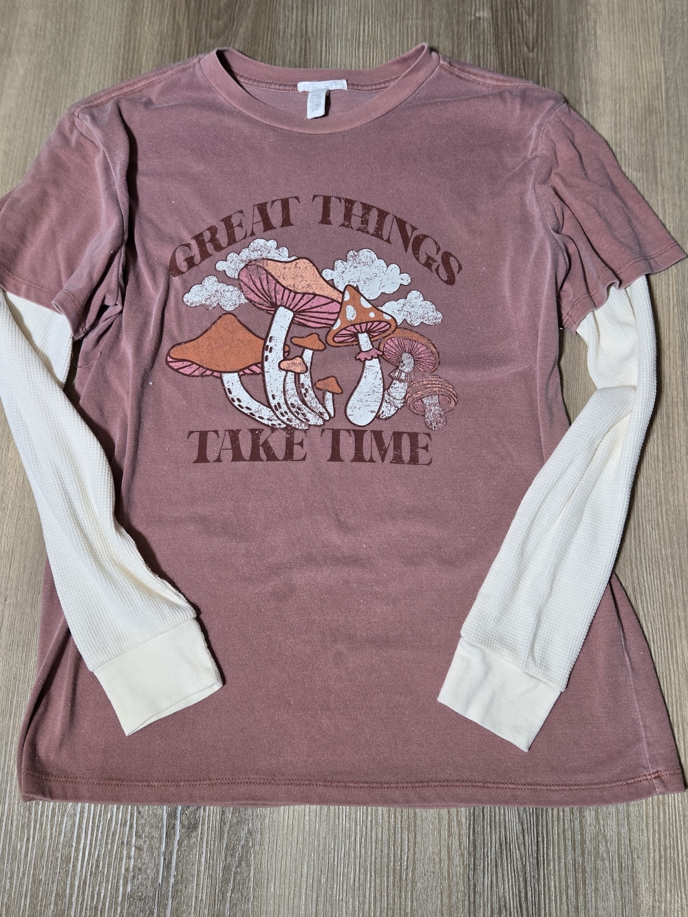 Full Tilt Mauve Pink Graphic Layered-Look Long Sleeve Tee